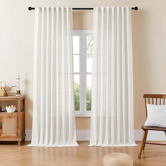 Joydeco Light Filtering Curtains 90 Inch Length for Bedroom, Linen Curtains 90 Inch Length 2 Panels Set for Living Room，White Semi Sheer Drapes 90 Inches Long with Rod Pockets