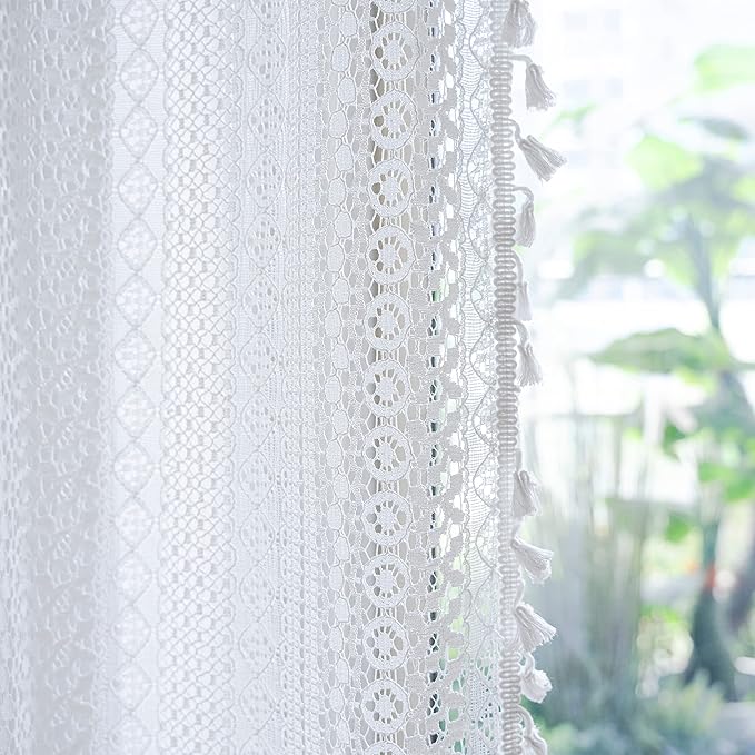 Sutuo Home Boho Sheer Curtain Valance Crochet Lace with Bohemian Hollow Knitted Handmade Tassels, Short Farmhouse Window Treatment for Kitchen Cafe, Rod Pocket, 1 Panel 59" W x 24" L, White