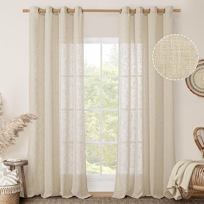 LAMIT Light Filtering Sheer Linen Curtains 102 inches Long, Linen Textured Semi Sheer Bronze Grommet Natural Boho Drapes for Living Room/Farmhouse, 2 Panels, Linen, 52 x 102 Inch