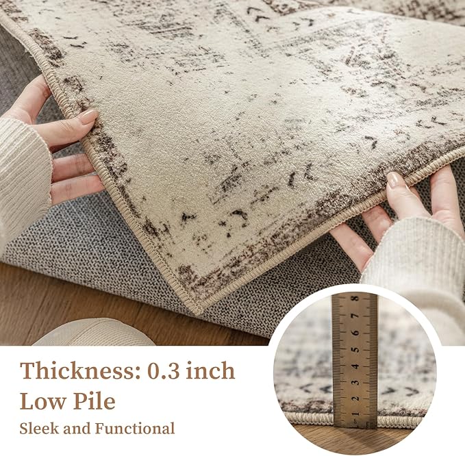 5'x7' Area Rug - Vintage Persian Medallion Design Low-Pile Faux Wool Rug, Non-Slip Backing, Machine Washable, for Living Room, Dining Room, Bedroom (Cream/Taupe)