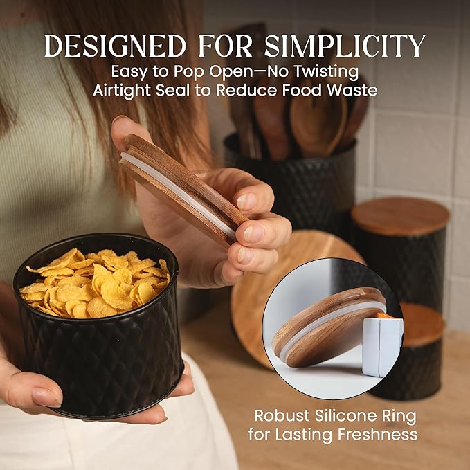 6 Canister Set for the Kitchen Countertop – Metal Food Storage Canisters with Airtight Lids for Flour, Tea, Crafts, Coffee, & Sugar – Container Set with Modern Wood Lids, Black