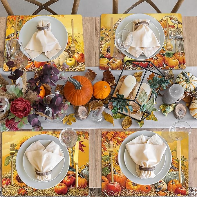 Fall Placemats Set of 6 Thanksgiving Pumpkin Plastic Table Mats Farmhouse Rustic Fall Autumn Place Mats Washable Vinyl Rustic Holiday Table Decoration for Indoor Outdoor Party Kitchen Dining