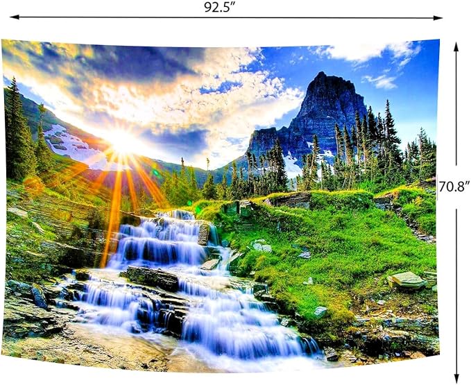 Delur Mountain Waterfall Tapestry Sunset Forest Tree Nature Landscape Tapestry Wall Hanging Tropical Sunrise Rainforest Psychedelic Scenic Headboard for Bedroom Living Room Home Decor (70.8" x 92.5")