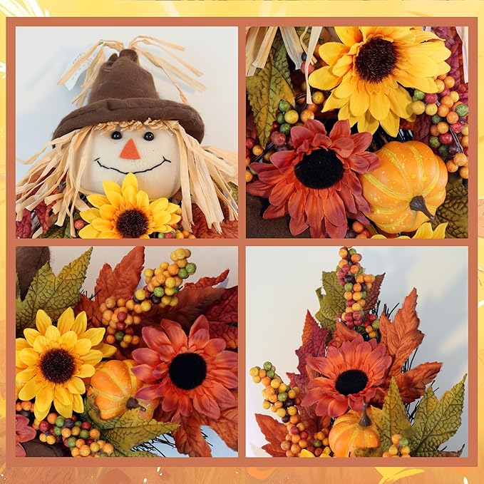24" Rustic Fall Scarecrow Teardrop Swag – Farmhouse Sunflower & Pumpkin Wreath – Autumn Harvest Hanging Decor for Front Door, Wall, Porch, Indoor/Outdoor