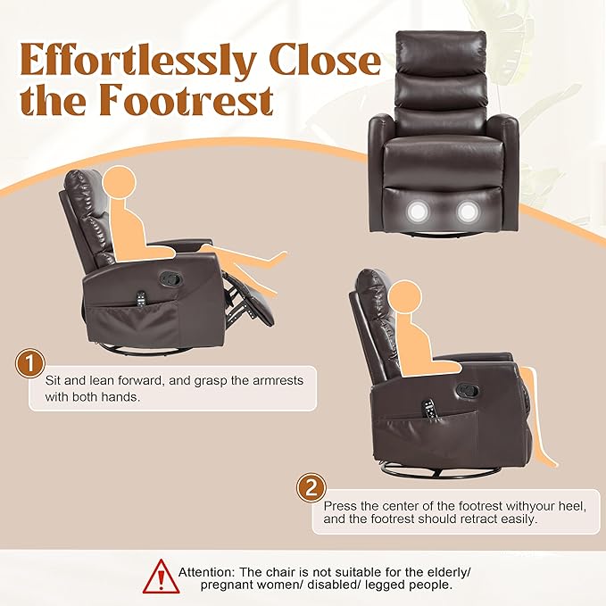 Manual Swivel Rocker Recliner Chair for Adults, Overstuffed Reclining Glider Chair for Nursing with Vibration Massage & Heat, Living Room Rocking Recliner 3-Stage backrest, Faux Leather Brown