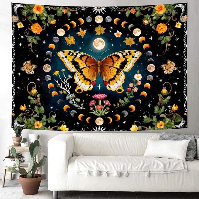 Delur Butterfly Moon Flower Tapestry Botanical Floral Plant Boho Tapestry Wall Hanging Mandala Aesthetic Mushroom Retro Vintage Headboard for Bedroom Living Room Home Decor (70.8" x 92.5")