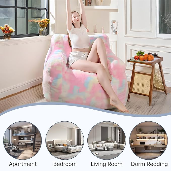 Recaceik Large Plush Bean Bag Chairs, Memory Foam Bean Bag Chair for Adults & Kids with Armrests, Comfy BeanBag Lounge Lazy Floor Sofa Accent Chair for Living Room, Bedroom, Dorm, Colorful Rainbow