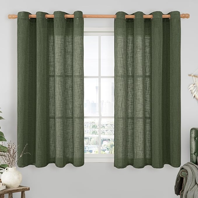 LAMIT Olive Green Linen Semi Sheer Curtains 45 Inch for Bedroom, Light Filtering Neutral Window Curtains Boho Bronze Grommet Christmas Decor Panels, 2 Panels, 52 x 45 Inch