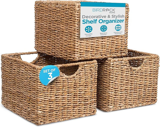 BIRDROCK HOME Storage Shelf Organizer Baskets with Handles - Handwoven Abaca Seagrass Wicker Basket for Pantry, Living Room, Office & Bathroom, Versatile Under Shelf Storage - Set of 3, Natural