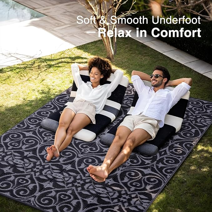 OLANLY Outdoor Rug Waterproof 9x12 ft Clearance, Reversible Outdoor Plastic Straw Rug with Floral Pattern, RV Mat for Patio, Camping, Balcony, Deck, Backyard, Black & Grey