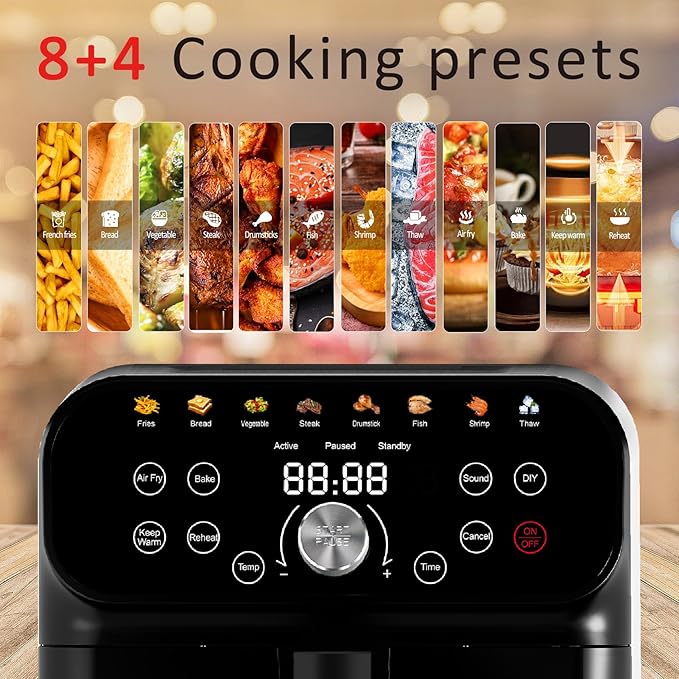 Air Fryer, 6.2QT Air Fryer Oven with LED Digital Touchscreen, 12 Preset Cooking Functions Air fryers, Bake, Reheat, Keep Warm, Nonstick and Dishwasher-Safe Basket, Stainless Steel/Black