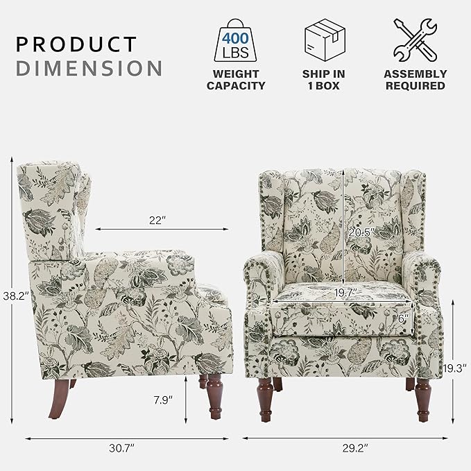 Lumibee Wingback Accent Chair, 2 Set High Back Floral Armchairs in Fabric,Comfy Upholstered Reading Single Sofa Chairs with Solid Wood Legs for Living Room,Bedroom,Office-Plants Beige