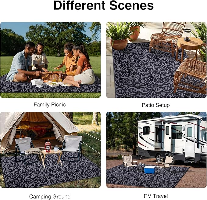 OLANLY Outdoor Rug Waterproof 9x12 ft Clearance, Reversible Outdoor Plastic Straw Rug with Floral Pattern, RV Mat for Patio, Camping, Balcony, Deck, Backyard, Black & Grey