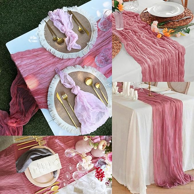 20 Pack Dusty Rose 10FT Cheesecloth Table Runner 20 x 120 Inch Long Rustic Gauze Fabric Cheese Cloth Table Runner for Wedding Bridal Baby Shower Table Decorations Boho Sheer Birthday Party Table Decor