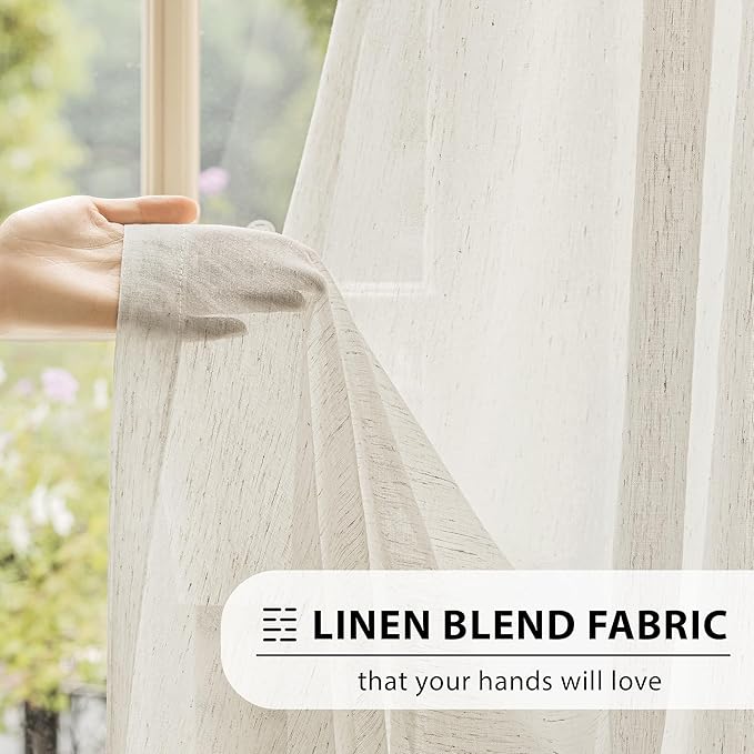 FMFUNCTEX Linen Sheer Curtains for Living Room, Beige Curtains 108 inches Long for Bedroom, Natural Flax Blend Window Draperies for Farmhouse Curtain, Rod Pocket 2 Panels