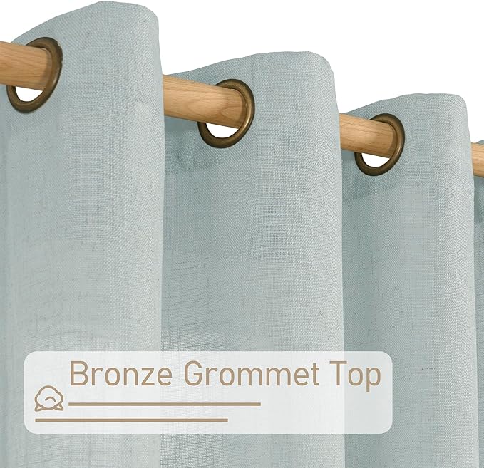 LAMIT Living Room Linen Curtains 95 Inch for Bedroom, Bronze Grommet Linen Textured Sheer Curtains Light Filtering Burlap Drapes for Farmhouse, 2 Panels, 52 x 95 Inch, Greyish Blue