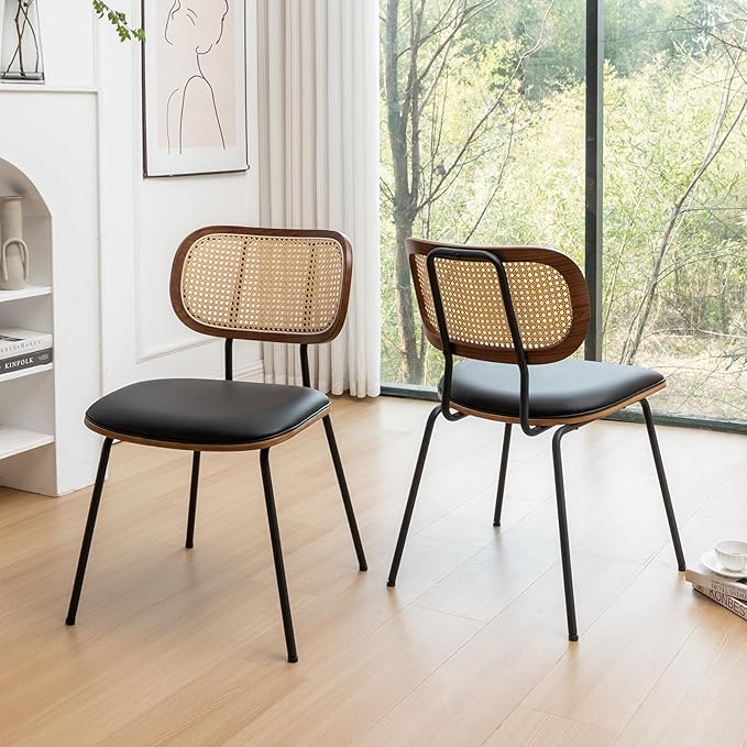 Rattan Dining Chairs Set of 4, Mid Century Modern Dining Chairs with Cane Back for Kitchen Dining Room, 19 Inch Faux Leather Black