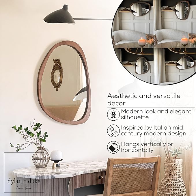 Irregular Wood Frame Boho Mirror - Large Wall Mounted Accent, Asymmetrical, Modern Aesthetic Wall Decor for Bedroom, Entryway, Living Room, Bathroom (Brown)
