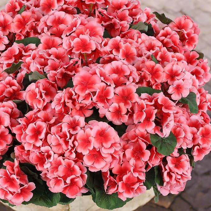 Hananona Artificial Geranium Flowers for Outdoors Geranium Silk Flowers Outdoor UV Resistant Garden Plants Faux Flowers for Home Kitchen Table Centerpieces Decor (12, Peach)