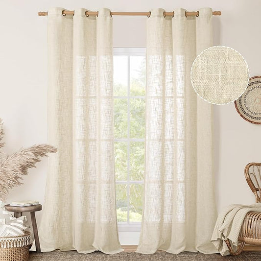 LAMIT Beige Linen Curtains for Living Room 2 Panels Set, 84 Inch Linen Textured Light Filtering Drapes Bronze Grommet Boho Panels for Farmhouse/Bedroom/Porch, 38 x 84 Inch
