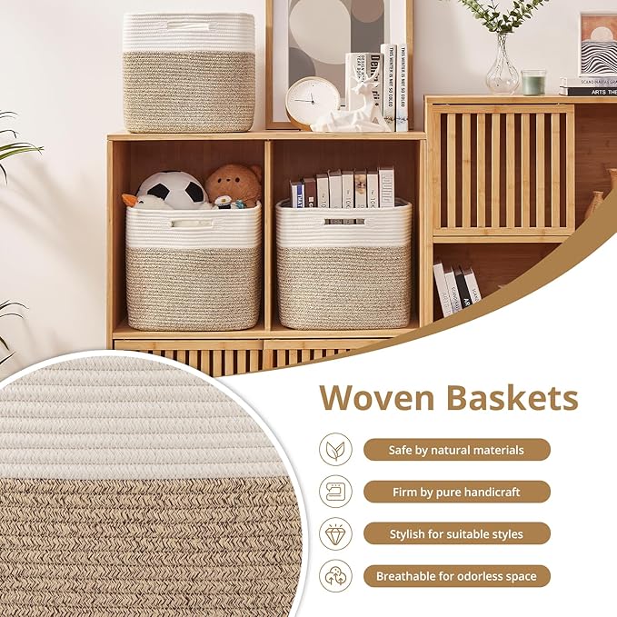 OIAHOMY 13 Kallax Inch Cube Storage Bins, 3-Pack Cotton Rope Woven Baskets for Organizing, Kallax Insert Storage Baskets for Shelves, Baby Nursery, Closet Organizer, 13*13*12.6IN, Brown & White