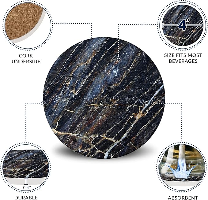 Emerson Coasters for Drinks Absorbent – Natural Stone Drink Coasters Set with Holder, Coasters for Coffee Table, Wooden Tabletop Protection Marble Style – 100% Heavy Duty Set of 6 (Thunder)