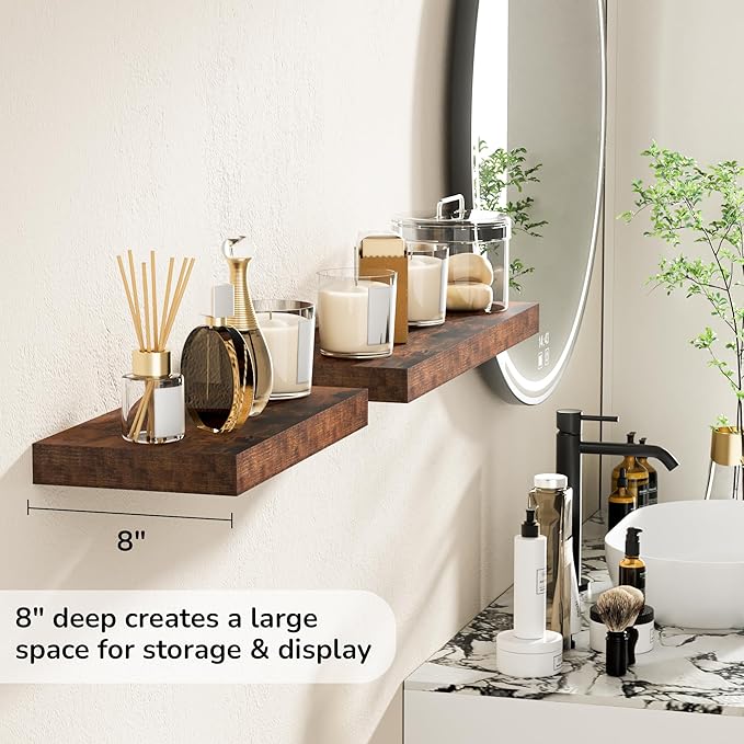 Fun Memories 16 Inch Floating Shelves - Deep Rustic Wooden Wall Shelves - Extra Deeper & Thicker Wall Mounted Storage Shelf for Bedroom, Kitchen, Farmhouse - 2 Pack, Rustic Brown