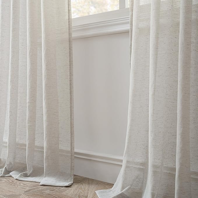 FMFUNCTEX Linen Sheer Curtains for Bedroom, Grey Curtains 63 Inch Length for Living Room, Gray Farmhouse French Flax Blend Window Draperies, Rod Pocket 2 Panels Set