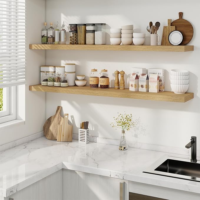 Fun Memories 55 Inch Fireplace Mantel Shelf -Long Floating Shelves, Deep Wall Mounted Farmhouse Display Shelves with Invisible Heavy Duty Metal Bracket, Oak, 2 Pack