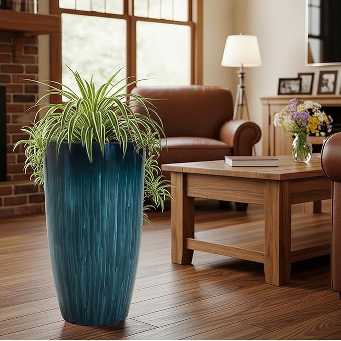 KOL 2-Pack 23.5" Plastic Planters, Gradient Blue Glossy Large Tall Plant Pots, Lightweight Decorative Flower Containers with Drainage Hole & Dual-Purpose Saucer – Indoor & Outdoor Use Front Porch