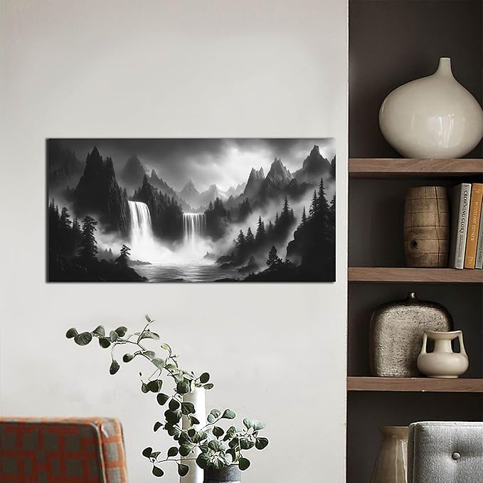 Mountain Wall Pictures for Living Room Decor - Black and White Wall Art Bedroom - Waterfall Canvas Wall Art for Office Size 20" x 40"