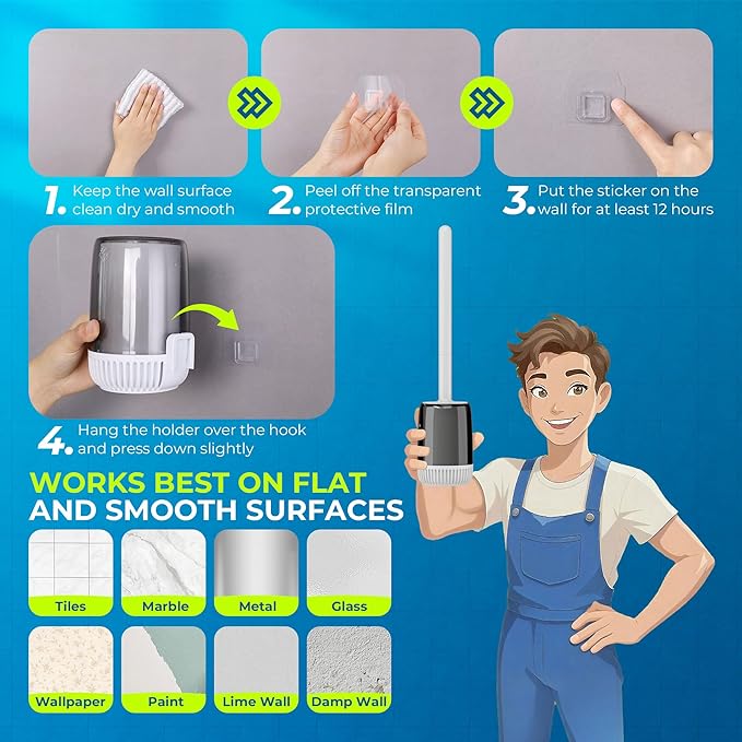 Silicone Toilet Brush and Holder Set with L-Shaped Brush Head, Wall Mounted Toilet Brush Set with Long Non-Slip Handles, Compact Toilet Bowl Cleaner Brush Suitable for RV Trailers & Bathroom (2 Pack)