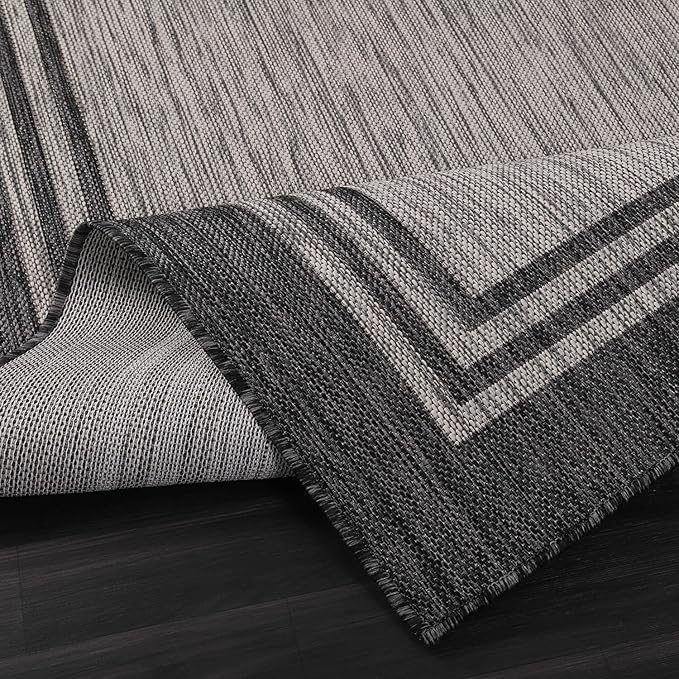 Bordered Outdoor Rug 9x12 Washable Outside Carpet for Indoor Patio Porch Waterproof Easy Cleaning Non Shedding Area Rugs Dark Gray 9 x 12
