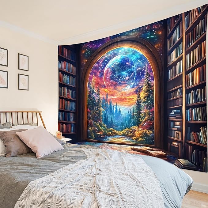 LB Fantasy Bookshelf Moon Tapestry, Trippy Tree and Vintage Library in Forest Wall Tapestry for Bedroom, Galaxy Cool Wall Art for Living Room Dorm Classroom Home Decor Ready to Hanging, 48 x 36 Inches