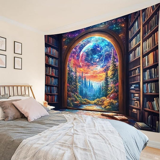 LB Fantasy Bookshelf Moon Tapestry, Trippy Tree and Vintage Library in Forest Wall Tapestry for Bedroom, Galaxy Cool Wall Art for Living Room Dorm Classroom Home Decor Ready to Hanging, 80 x 60 Inches