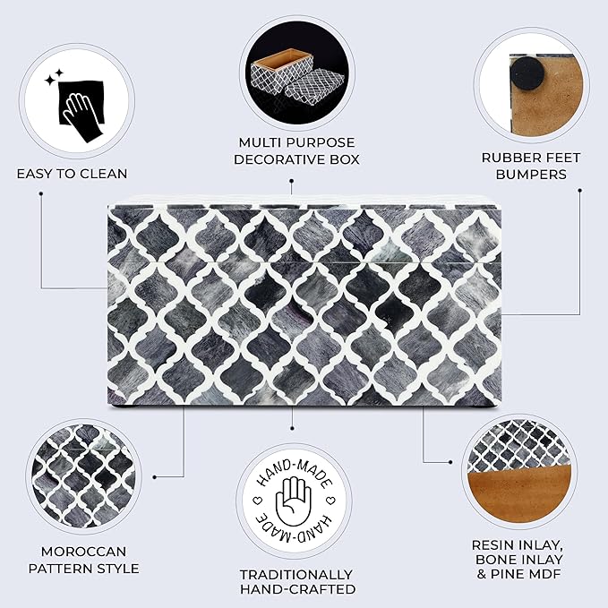 Handicrafts Home Handmade Moroccan Pattern Inspired Decorative Box - Large Storage Organizer for Neck Chains, Watches, Memory Keepsakes - Boho Style Treasure Box, Multipurpose Gift - Grey, 10x5x5