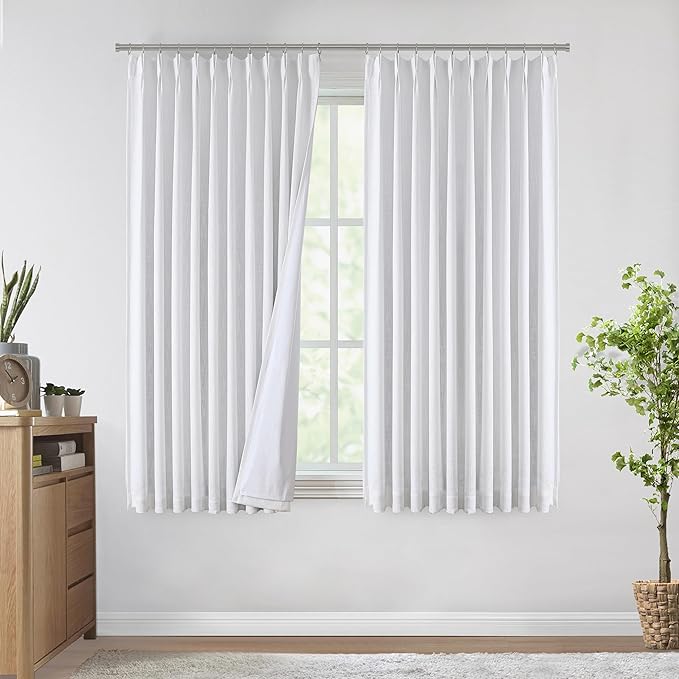 Vision Home White Pinch Pleated Full Blackout Curtains 60 inch Wide Thermal Insulated Window Curtains for Living Room Bedroom Room Darkening Pinch Pleat Drapes with Hooks Back Tab 1 Panel 60" Wx72 L