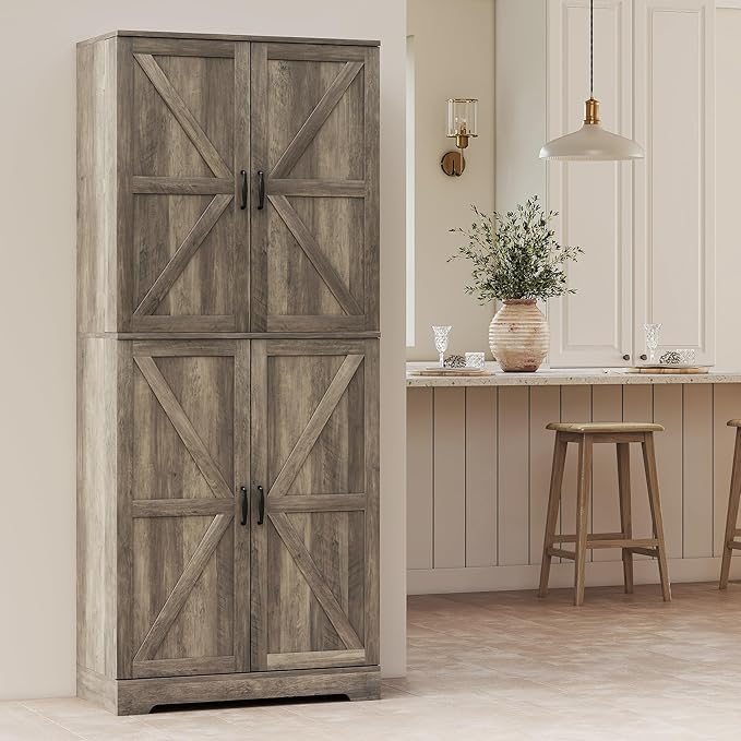 HOMCOM 72" Farmhouse Kitchen Pantry Cabinet, Freestanding Tall Storage Cabinet with 4 Barn Doors, 4 Adjustable Shelves and 8 Door Shelves, Gray Wash
