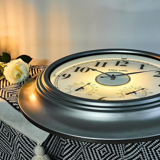 Andy Star 21 Inch Silver Illuminated Outdoor Wall Clock Waterproof with Thermometer and Hygrometer, Oversized Battery Operated Round Wall Clock, Big Silent Non Ticking Clock for Patio Pool Garden