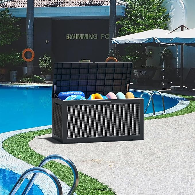 KAMABOKO 101 Gallon Waterproof Large Resin Deck Box, Lockable Large Outdoor Storage Boxes Indoor Outdoor Storage Container for Patio Cushions, Gardening Tools, Pool Supplies, Black