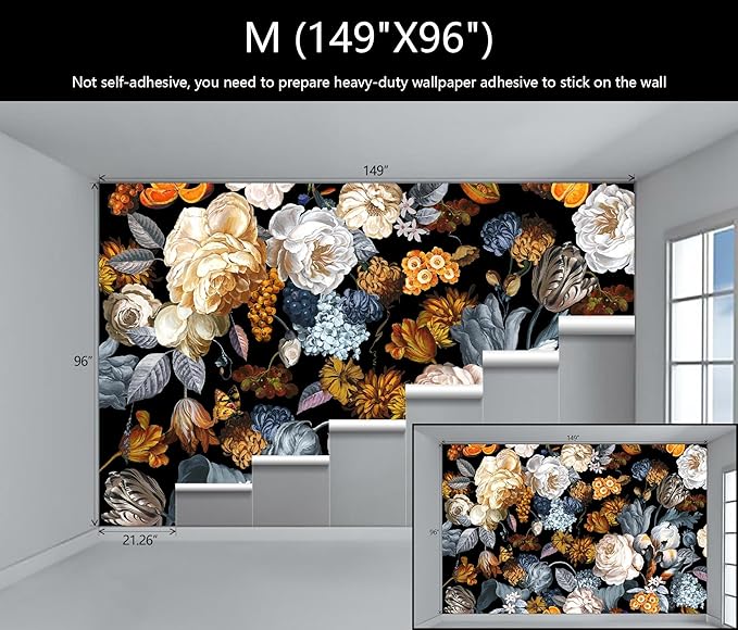 WFBHUA-Black and Gold Floral Wallpaper for Bedroom Vintage Blue Peony Flower Wall Mural (Not Peel and Stick)