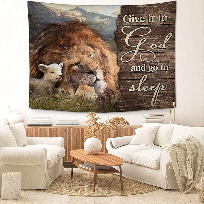 yowecso Lion and Lamb Tapestry Give It To God And Go To Sleep Tapestry Wall Hanging for Bedroom Christian Religious Tapestries Aesthetic Wall Decor for Home Dorm Living Room 50"x60"