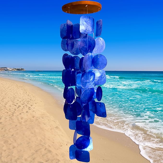 Bellaa 27918 Wind Chimes Outdoor, Garden Decorations, Musical, Indoor/Outside Windchimes, Beach, Ocean Breeze, Gifts for Mom, Gift for All Occasions, Capiz Sea Glass Shells Wood Blue 27 inch