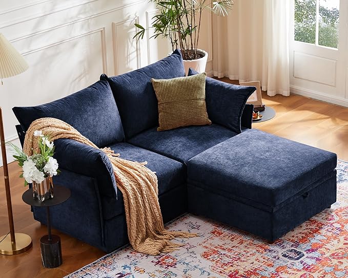 Oversized Loveseat Sofa, Modern Modular Sectional Couch Blue Fluffy Chenille Mid Century 2-Seat 24.5" Deep Seat for Apartment, Living Room, Bedroom