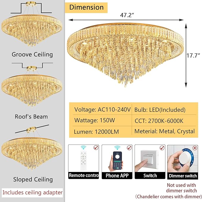 Modern Crystal Chandeliers LED Dimmable Flush Mount Ceiling Chandeliers for Living Room High Ceiling Entrance Foyer Lobby Bedroom Gold