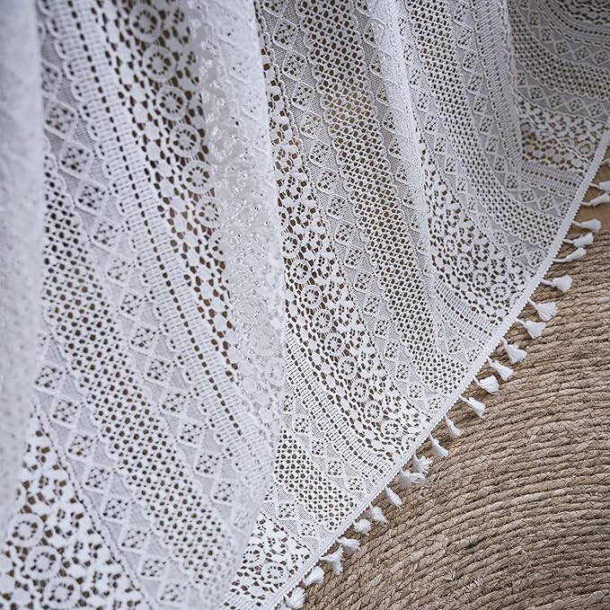 Sutuo Home White Crochet Boho Curtain 96 Inches Long, Sheer Lace Handmade Tassels Knitted Window Treatment Vintage Rustic Bohemian Farmhouse Drape for Bedroom Rod Pocket 1 Panel 59" W x 96" L