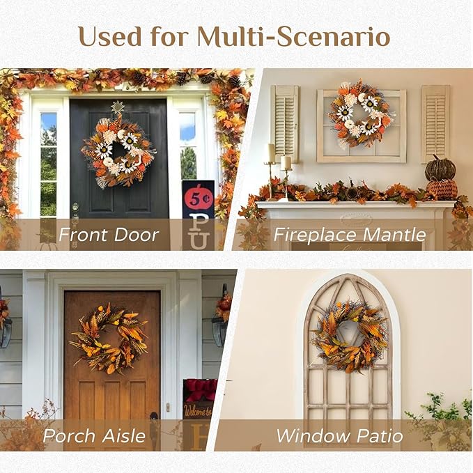 Fall Wreaths for Front Door Decor - Walasis 20 Inch Thanksgiving Wreath with Maple Leaves White Pumpkin Daisy Sunflower Wreath Autumn Harvest Decorations for Table Front Porch