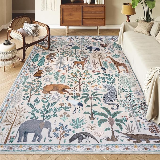 OJIA Jungle 8x10 Area Rugs for Living Room Bedroom Large Washable Rugs, Thin Modern Nursery Rug Non-Shedding Kids Playroom Rug Stain Resistant Large Carpet Neutral Rugs for Kids Room Dining