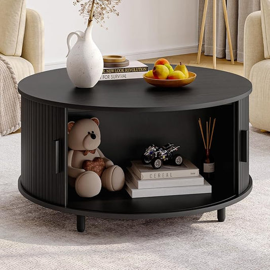 Round Coffee Table with Storage, 31.5" Modern Coffee Table with 360° Curved Sliding Door, Fluted Wood Accent Coffee Table with Adjustable Footpads, Round Center Table for Living Room, Black