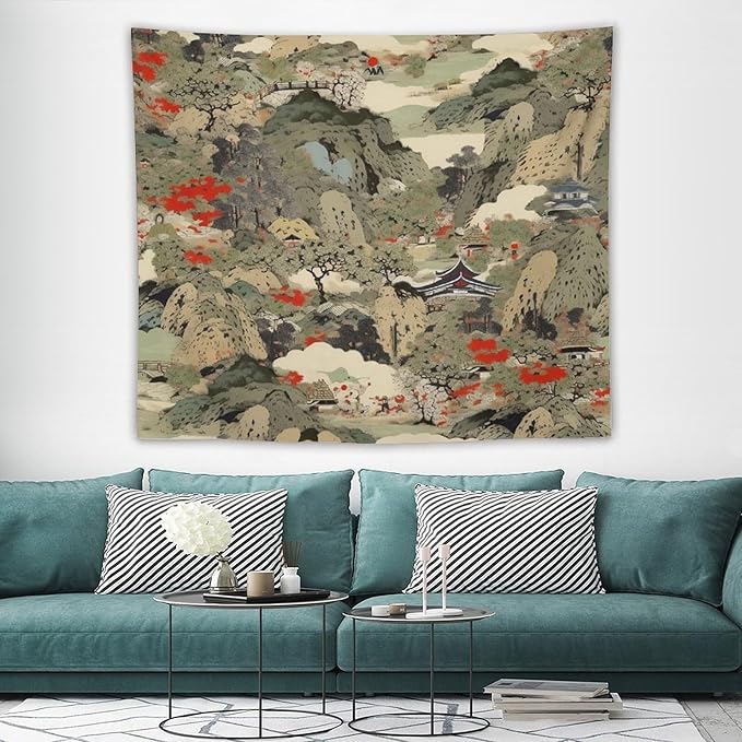 Asian Tapestry,Japanese Red Landscape Asian Watercolor Abstract Art Tapestry, Asian Japanese Wall Tapestry, Nature Landscape Tapestries for Bedroom Living Room Decor 60"x50"